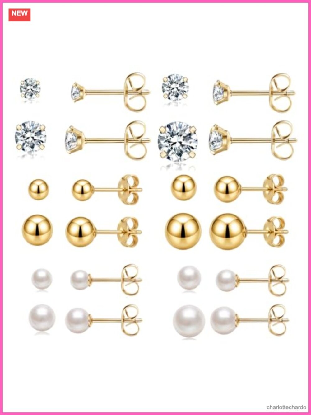 12 Pair Gold Stud Earrings Set Hypoallergenic 14K Gold Plated Cubic Zirconia